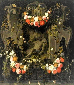 Cartouche avec Pietà et guirlande de fleurs 