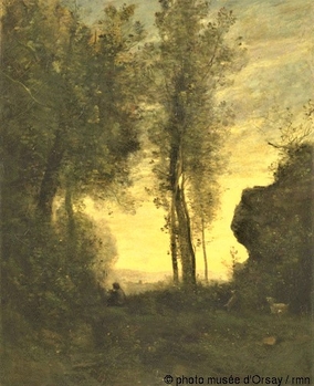 Chevrier assis jouant de la flûte dans une clairière 